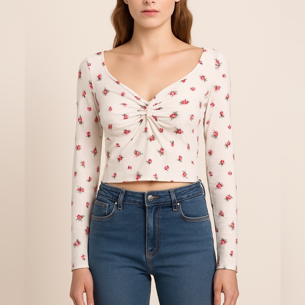 SHEIN White Floral Twist-Front Crop Top | Size L
